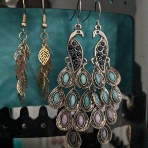 Dangling Earrings: Peacock and Rose Gold Leaves